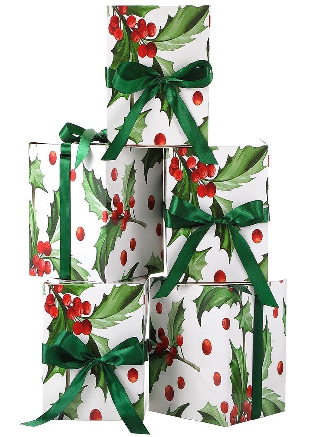 MotiMind 5 Pack Holly Berry Christmas Gift Boxes with Lids 7x7x7 Square Gift Box with Ribbons for Wrapping Christmas Presents Wedding Bridesmaid Holiday Party Favor Boxes - Image 1
